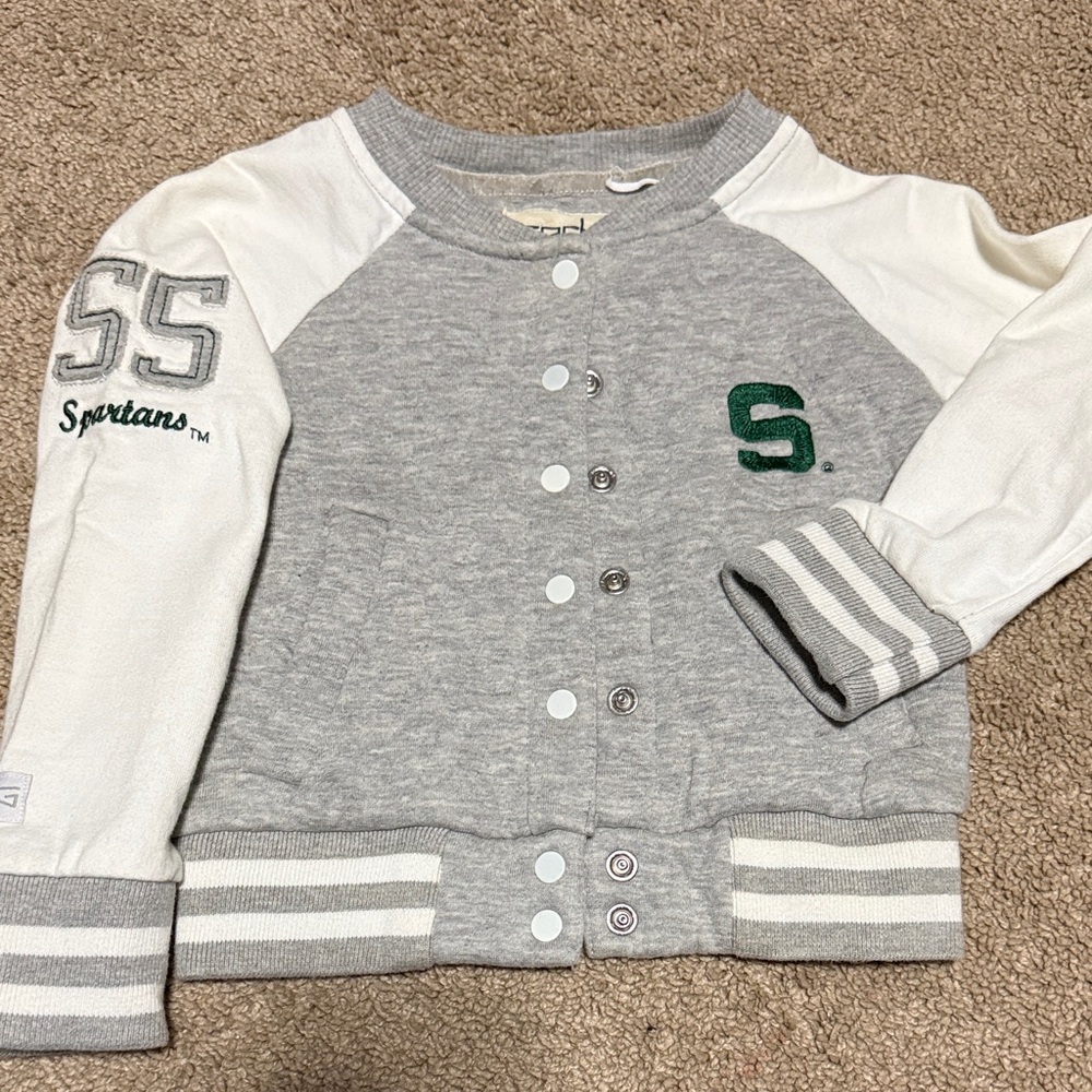 Kids Gray & White Varsity Jacket Top with Green Accent